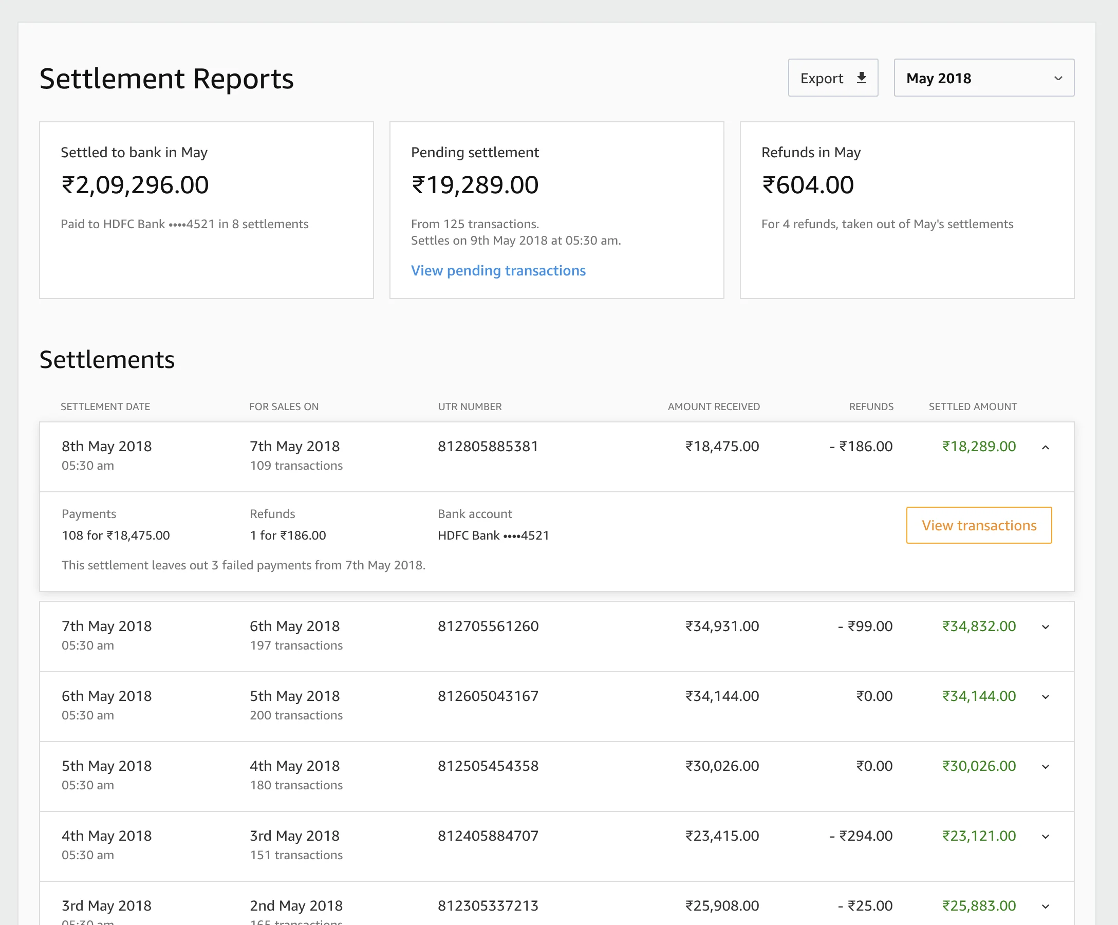 Settlement report showing daily batches, refunds, UTR references, the destination bank account and underlying payments