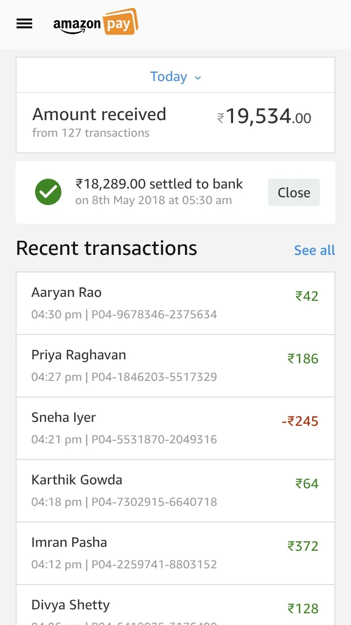 Phone dashboard showing today's receipts and recent payments