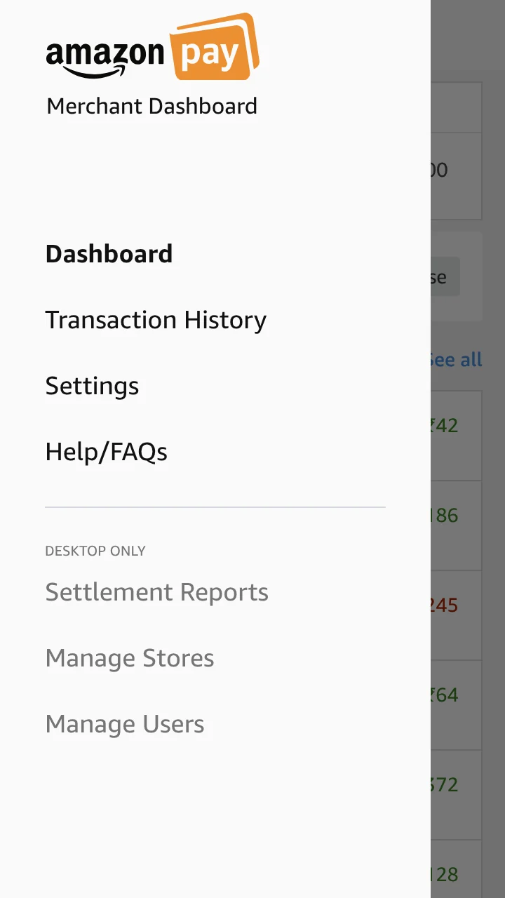 The phone app's menu: Dashboard, Transaction History, Settings and Help, with Settlement Reports, Manage Stores and Manage Users listed under Desktop only