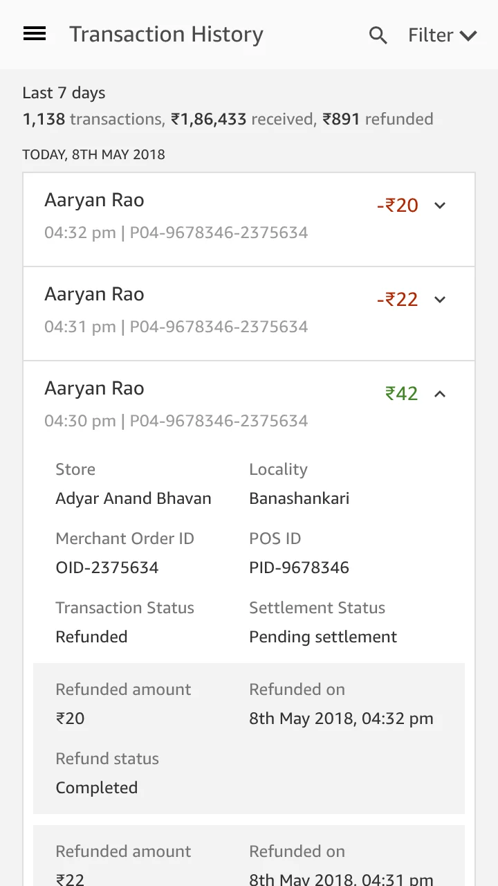 A ₹42 payment with separate partial refunds of ₹20 and ₹22, each carrying its own status