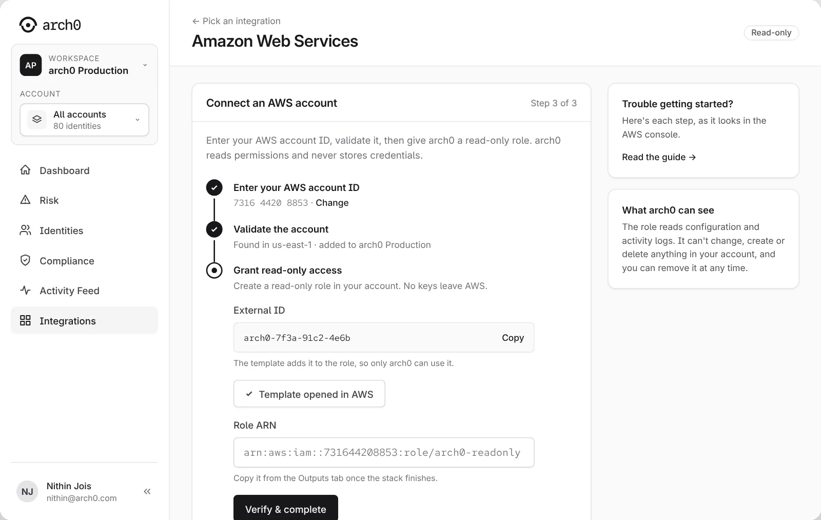 Connect an AWS account, step 3 of 3: grant read-only access with an External ID, a template opened in AWS and a Role ARN field, with a panel beside it explaining what arch0 can see