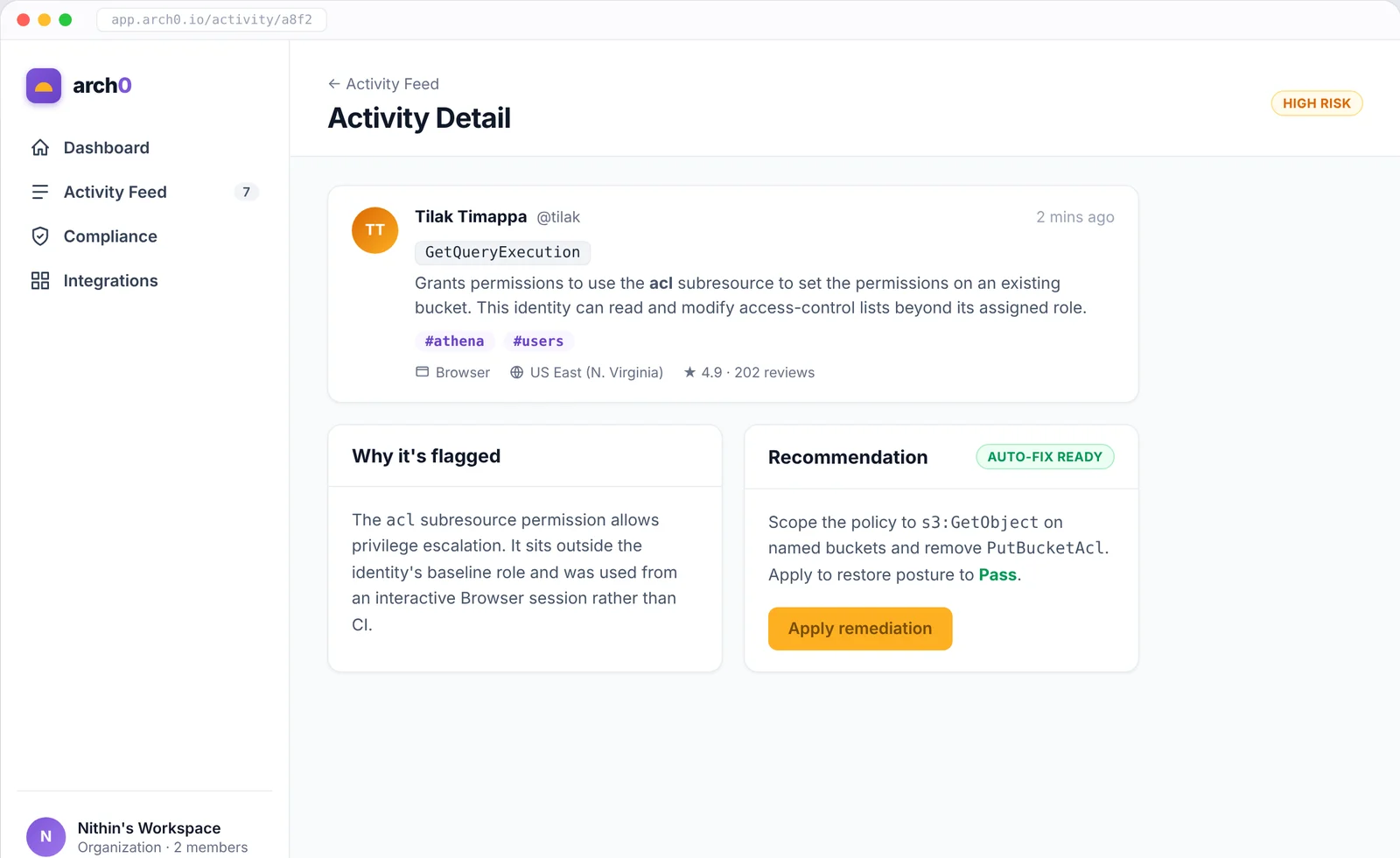 The early activity detail: one event, why it was flagged, and a recommendation with an apply button