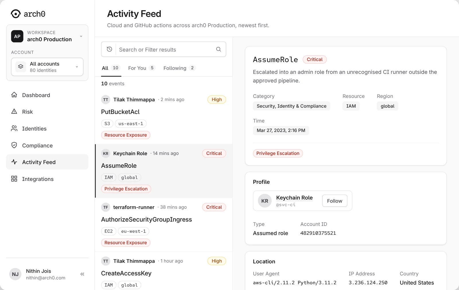 The Activity Feed split view: a list of events on the left and the selected AssumeRole event on the right with its category, resource, region, time, profile and location