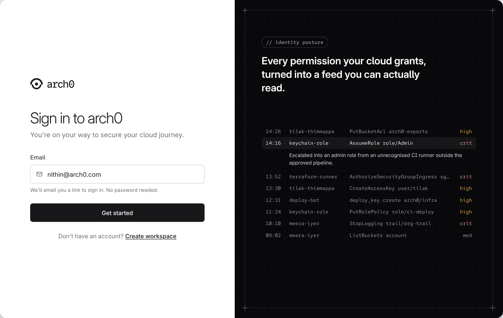 Sign in to arch0 with an email address and a magic link; no password