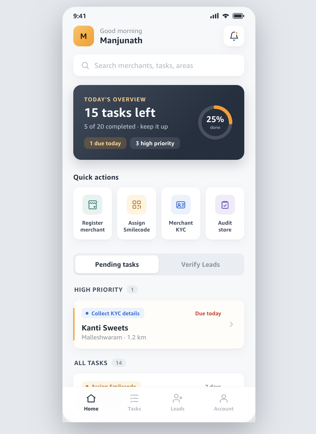 Fleet-on-Street home screen showing today's task overview, quick actions, and a high-priority merchant task card