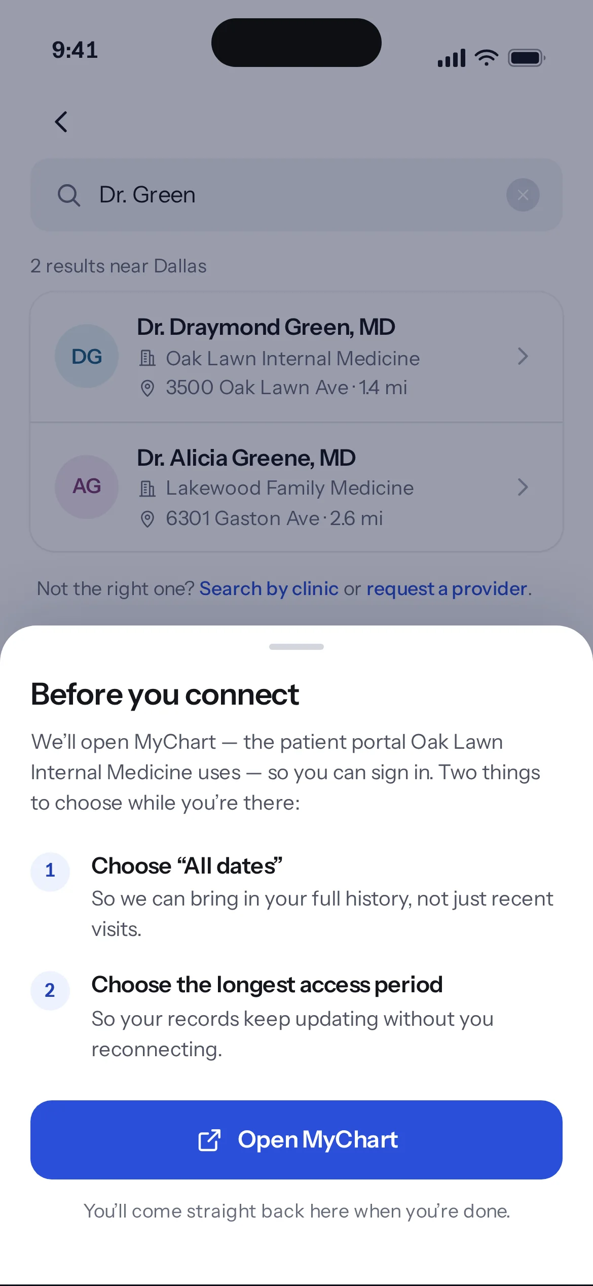 A bottom sheet over the search results: two numbered choices to make in MyChart, and an Open MyChart button