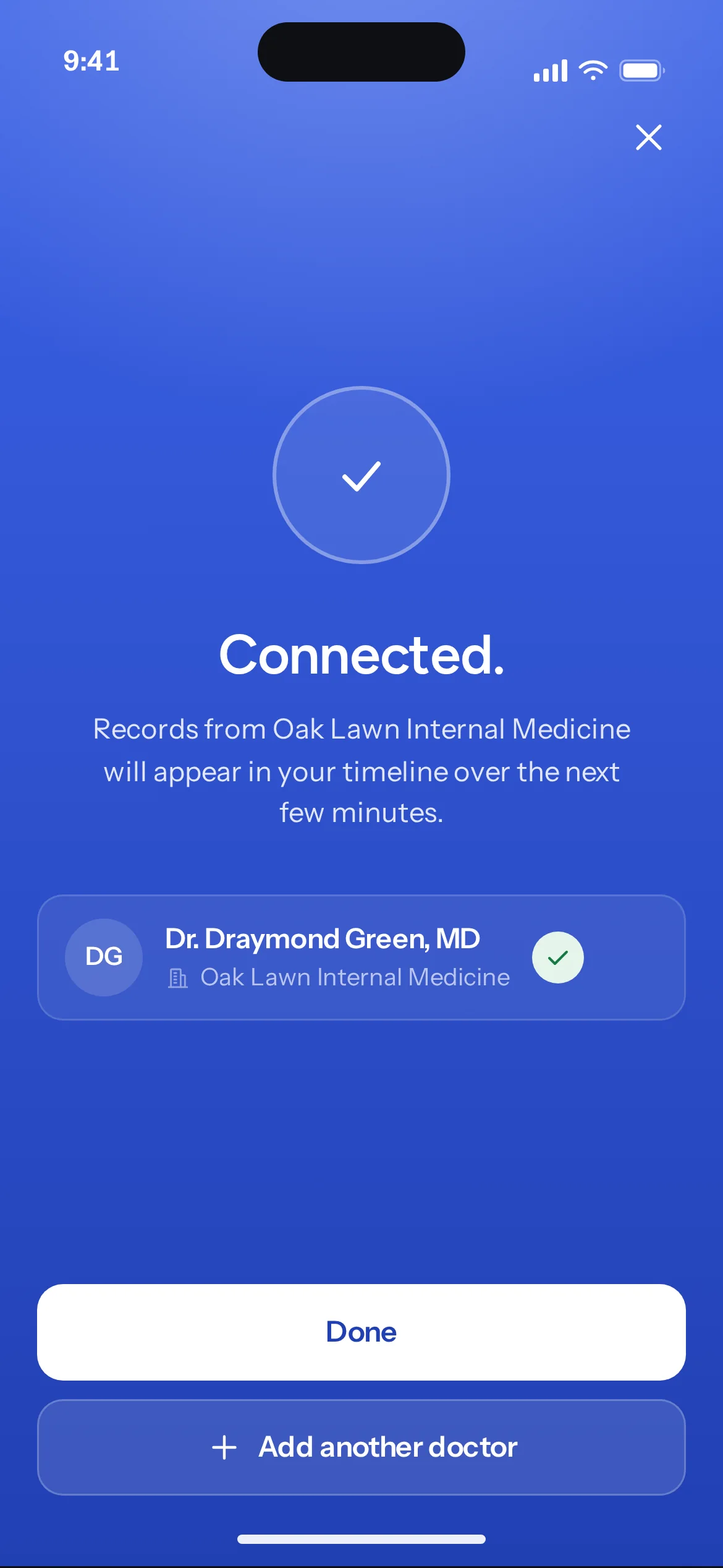 Connected moment: a drawn check, Dr. Green's provider card, Done and Add another doctor