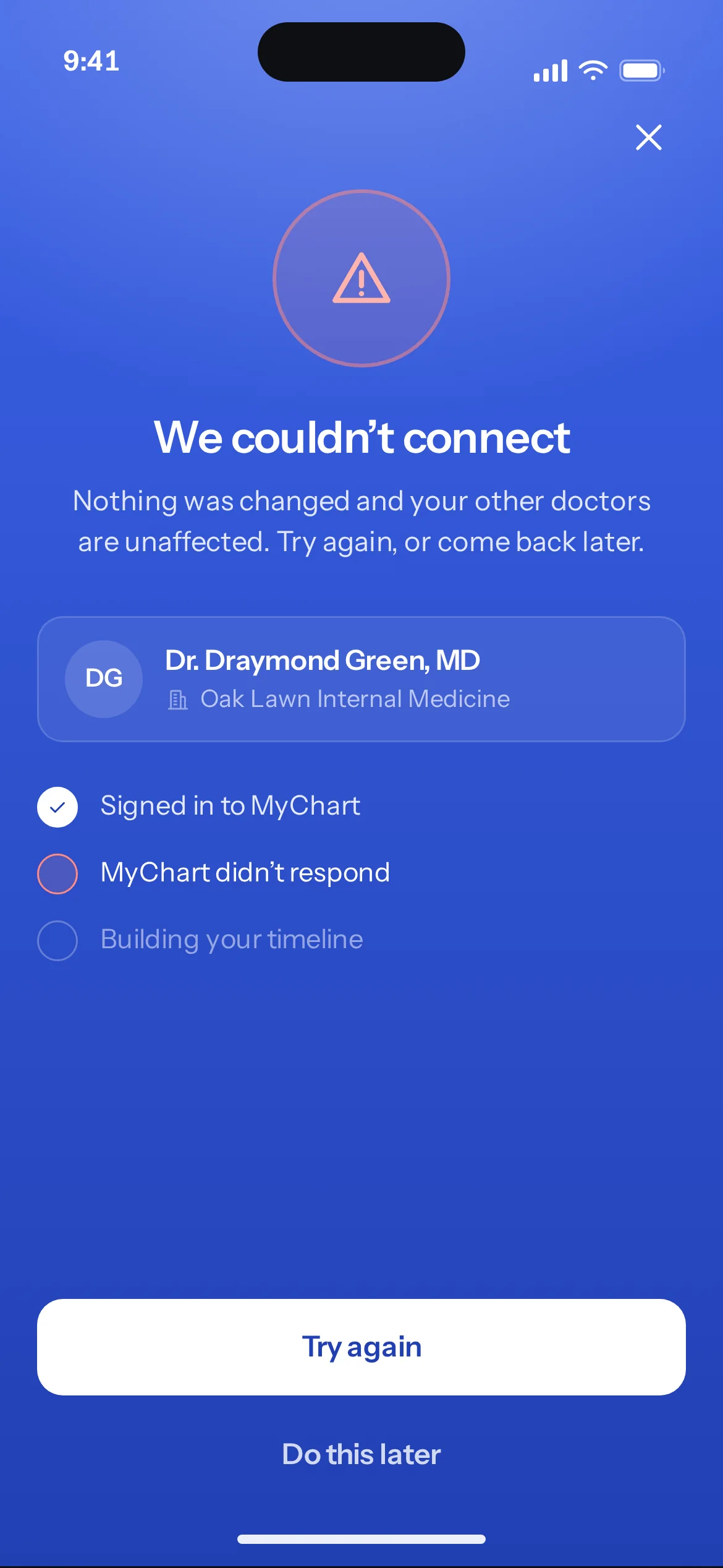 The connecting moment with one step failed, and a way to try again