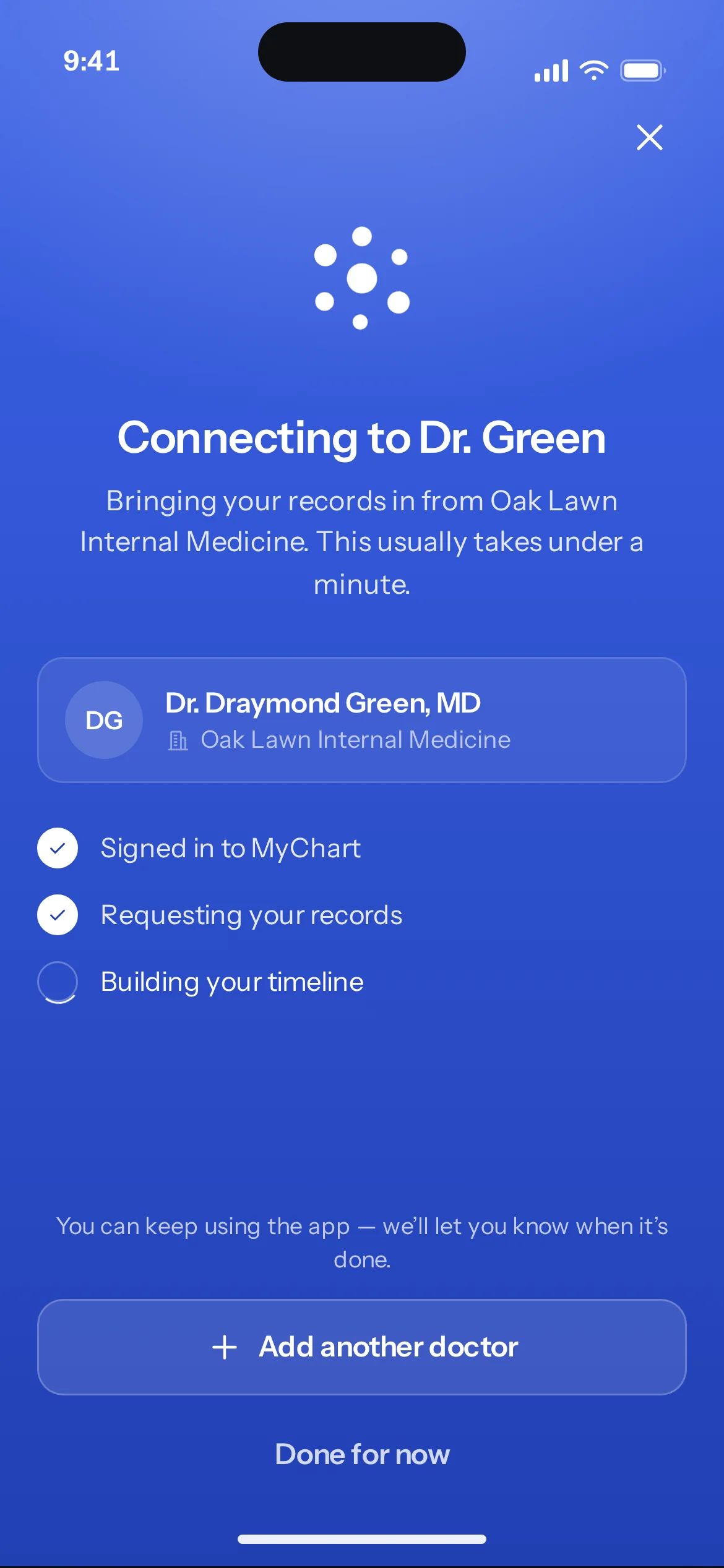 Cobalt moment screen: Connecting to Dr. Green, the provider card for Oak Lawn Internal Medicine, three steps ticking